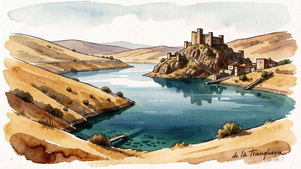 Embalse de La Tranquera con el castillo de Somet al fondo y ruinas sumergidas
