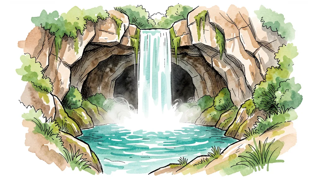 Cascada Cola de Caballo en el Monasterio de Piedra, Zaragoza, ilustración estilo acuarela y tinta